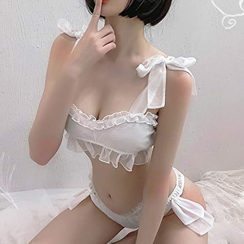 Mujer Sexy Maid Uniform Lingerie Sheer Mesh Bow Crop Top Panty Ruffles Nightwear-Aisumi wie die bilder zeigen blanco