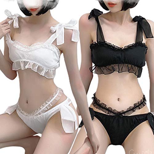 Mujer Sexy Maid Uniform Lingerie Sheer Mesh Bow Crop Top Panty Ruffles Nightwear-Aisumi wie die bilder zeigen blanco