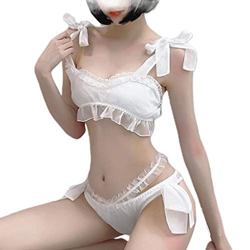 Mujer Sexy Maid Uniform Lingerie Sheer Mesh Bow Crop Top Panty Ruffles Nightwear-Aisumi wie die bilder zeigen blanco