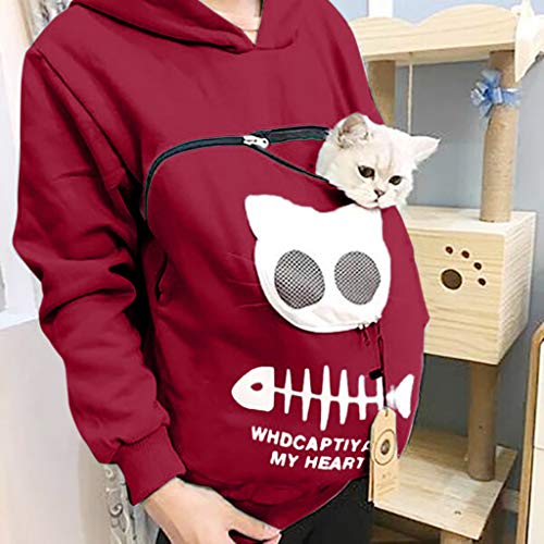 Mujeres Sudadera Portador de Mascotas Sudadera Canguro con Capucha Niña Jersey Bolsillo Funcional de Gato Ropa Tumblr Adolescente Chica Streetwear HULKY(Vino,XXL)