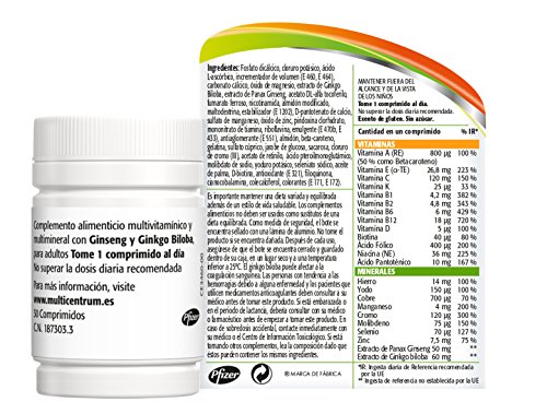 Multicentrum Plus, Complemento Alimenticio con 13 Vitaminas, 8 Minerales, Ginseng y Ginkgo Biloba, para Adultos a partir de 18 años - 30 Comprimidos