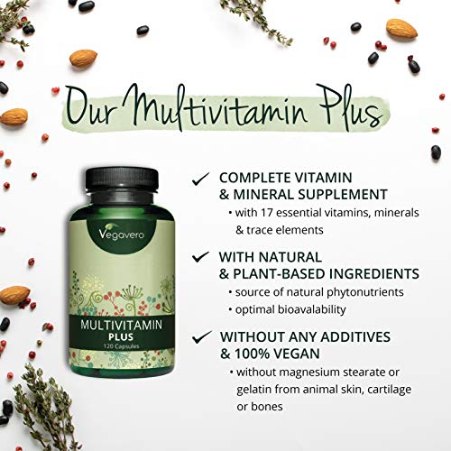 Multivitaminas Vegano Vegavero® | Natural | EL ÚNICO SIN ADITIVOS | 12 Vitaminas + 5 Minerales | Para Hombre y Mujer | 120 Cápsulas | Vitaminas para el Cansancio + Sistema Inmunológico + Energía