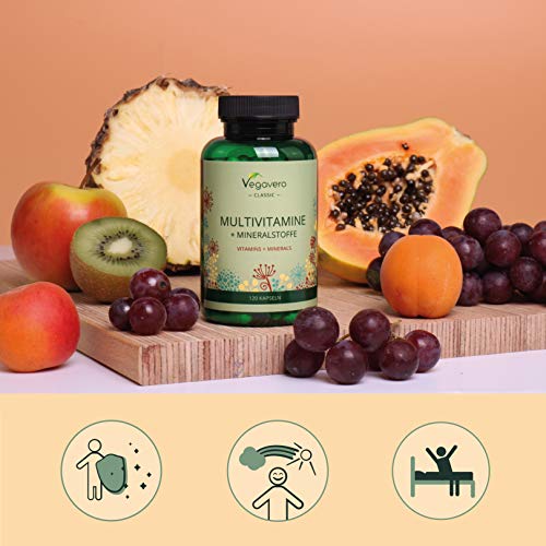 Multivitaminas Vegano Vegavero® | Natural | EL ÚNICO SIN ADITIVOS | 12 Vitaminas + 5 Minerales | Para Hombre y Mujer | 120 Cápsulas | Vitaminas para el Cansancio + Sistema Inmunológico + Energía