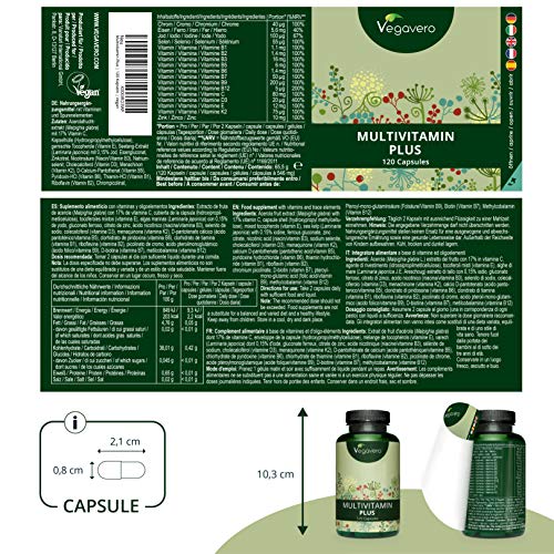 Multivitaminas Vegano Vegavero® | Natural | EL ÚNICO SIN ADITIVOS | 12 Vitaminas + 5 Minerales | Para Hombre y Mujer | 120 Cápsulas | Vitaminas para el Cansancio + Sistema Inmunológico + Energía