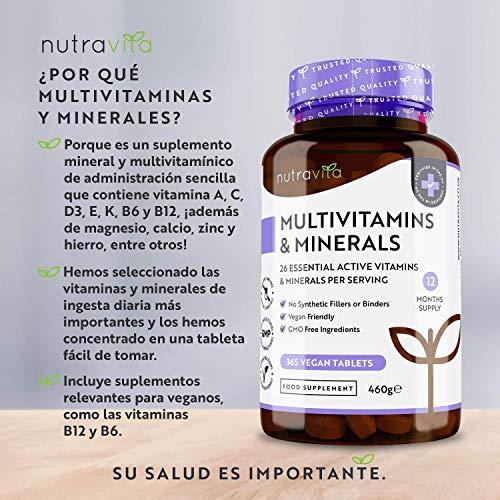Multivitaminas y Minerales - 365 Comprimidos Multivitamínicos Veganos (Suministro para 1 año) con 26 Vitaminas y Minerales Activos Esenciales - Elaborados en el Reino Unido por Nutravita