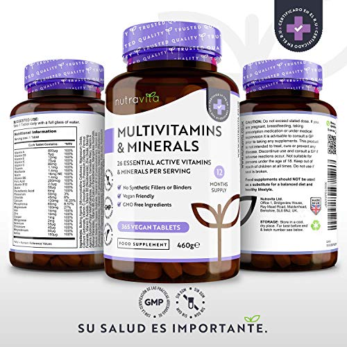 Multivitaminas y Minerales - 365 Comprimidos Multivitamínicos Veganos (Suministro para 1 año) con 26 Vitaminas y Minerales Activos Esenciales - Elaborados en el Reino Unido por Nutravita