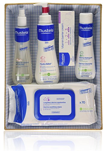 Mustela Bébé - Canastilla azul - Agua de colonia + Hydra Bébé + Vitamin barrier cream + Dermo Nettoyant + Toallitas - 1 pack, Una talla