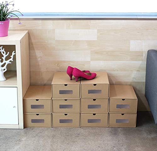 MVPower 10 Cajas de Papel Kraft para Zapatos Apilable, Zapatero Cajón Plegable, Caja de Almacenamiento, Ahorro de Espacio, Tamaño Grande (33,5 x 23 x 13 cm)