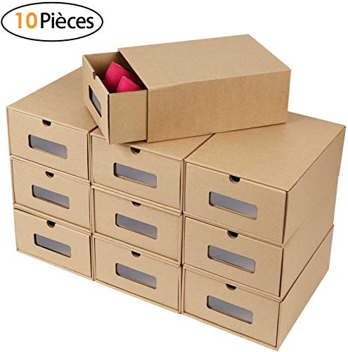 MVPower 10 Cajas de Papel Kraft para Zapatos Apilable, Zapatero Cajón Plegable, Caja de Almacenamiento, Ahorro de Espacio, Tamaño Grande (33,5 x 23 x 13 cm)