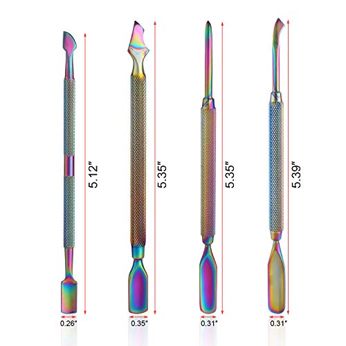 Mwoot 4 Piezas Kit de Empujador de cutículas - Herramientas de Manicura de Profesional Uñas Levantadores, Acero Inoxidable Punta Doble Removedor de cutícula para Piel Muerta UV Gel(color arcoíris)