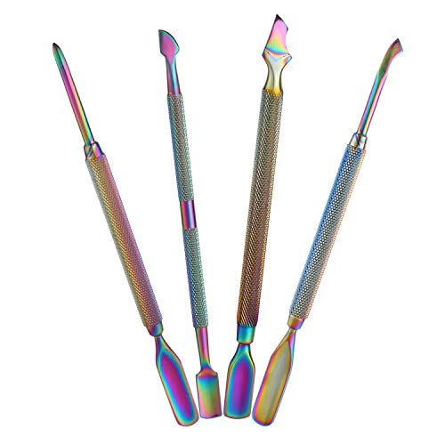 Mwoot 4 Piezas Kit de Empujador de cutículas - Herramientas de Manicura de Profesional Uñas Levantadores, Acero Inoxidable Punta Doble Removedor de cutícula para Piel Muerta UV Gel(color arcoíris)