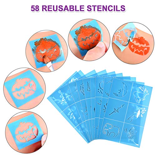 Nabance Pinturas de Cara para Niños Set Pintura Facial Pintura Corporal con 16 Colores Maquillaje para Cuerpo Professionale con 58 Plantillas de Pintura para Halloween