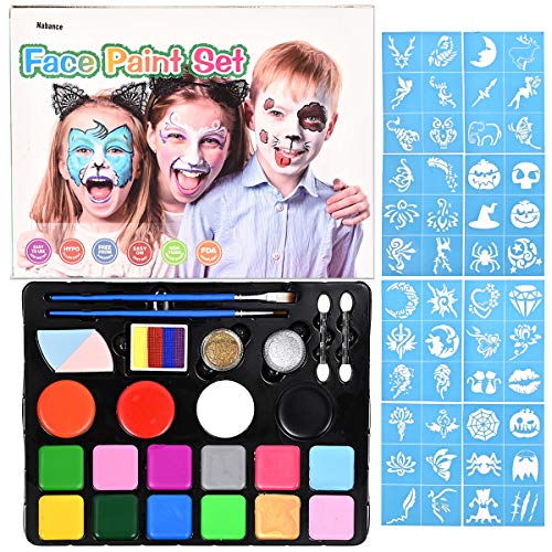 Nabance Pinturas de Cara para Niños Set Pintura Facial Pintura Corporal con 16 Colores Maquillaje para Cuerpo Professionale con 58 Plantillas de Pintura para Halloween