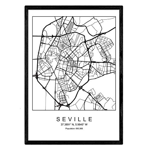 Nacnic Lámina Mapa de la Ciudad Sevilla Estilo nordico en Blanco y Negro. Poster tamaño A3 Sin Marco Impreso Papel 250 gr. Cuadros, láminas y Posters para Salon y Dormitorio