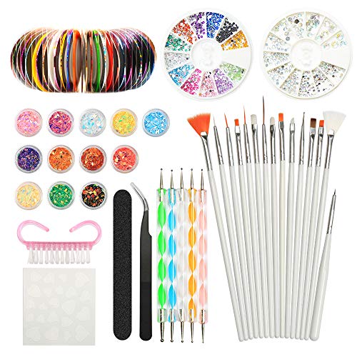 Nail Art Design Kit Set Cepillos Decoraciones Pegatinas Decoraciones con cinta Rhinestones, YZPUSI Nail Art Kit Herramientas para uñas 3D Color