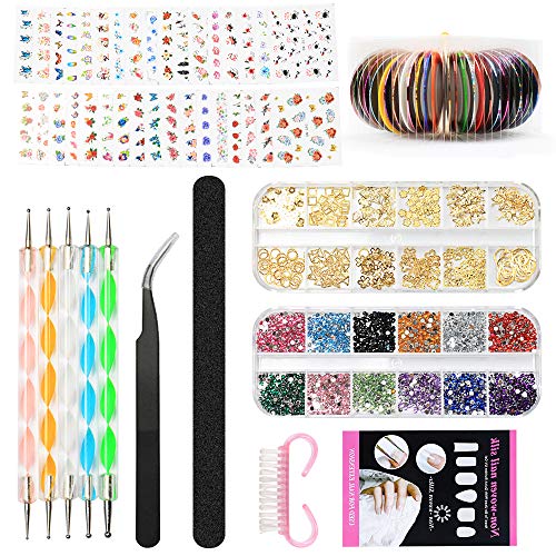 Nail Art Design Kit Set Cepillos Decoraciones Pegatinas Decoraciones con cinta Rhinestones, YZPUSI Nail Art Kit Herramientas para uñas 3D Color