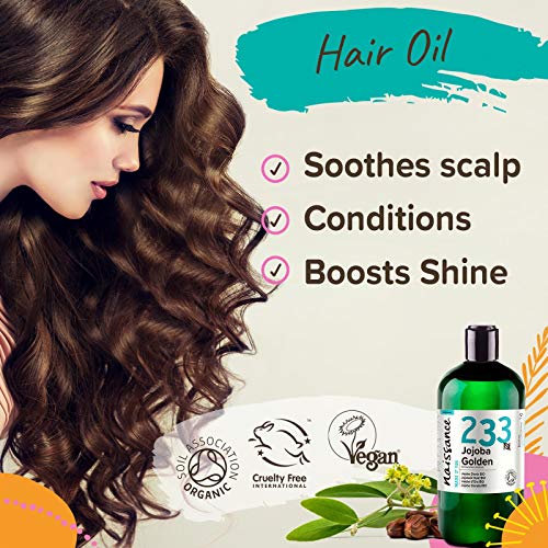 Naissance Aceite Vegetal de Jojoba Dorada BIO n. º 233-500ml - Puro, natural, certificado ecológico, prensado en frío, vegano, sin hexano y no OGM - Humecta y equilibra la piel.