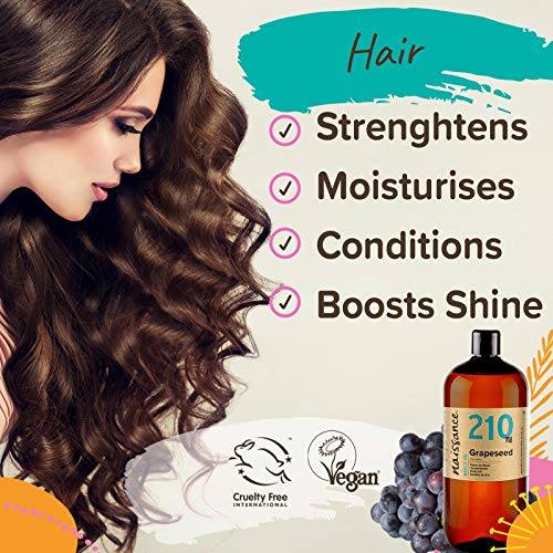 Naissance Aceite Vegetal de Semillas de Uva n. º 210 – 1 Litro - Natural, vegano y no OGM - Hidratante natural para el cabello y la piel.