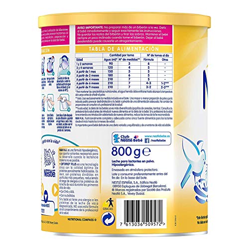 NAN H.A. Hipoalergénica - Leche para lactantes en polvo - Fórmula para bebé - Desde el primer día - 800g