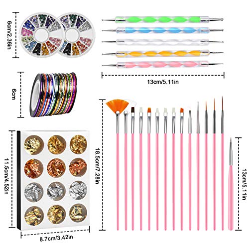 NATUCE 64PCS Kit de Accesorios Decoración Uñas Nail Art, Kit de Diseño de Arte de Uña, 15pcs Pinceles para Uñas, 30pcs Rollos de Cintas Adhesivas Uñas, 5pcs de Lápiz de Punto, 2 Diamantes de Uñas
