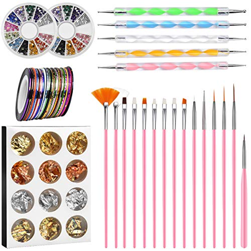 NATUCE 64PCS Kit de Accesorios Decoración Uñas Nail Art, Kit de Diseño de Arte de Uña, 15pcs Pinceles para Uñas, 30pcs Rollos de Cintas Adhesivas Uñas, 5pcs de Lápiz de Punto, 2 Diamantes de Uñas