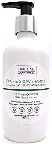 NATURAL - CHAMPÚ - REPARA Y CRECE - con ALOE VERA, RICINO, ARGAN Y ROMERO - 250 ml - por Fine Line Apothecary - Sin Sulfatos, Sin Parabenos, Sin Silicona. Concentrado, Fàcil de Enjuagar.