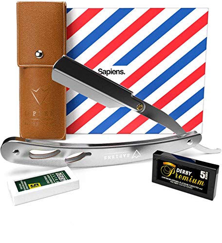 Navaja de Afeitar de Barbero de Sapiens - Accesorio Profesional de Afeitado y Cuidado de Contorno de Barba con 10 Cuchillas Derby (o sea 20 Hojillas Simples) - Silver Edition