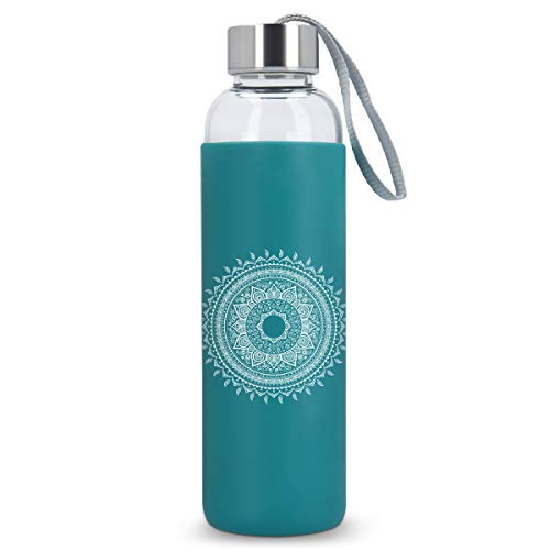 Navaris Botella de Agua de Vidrio Reutilizable - Cantimplora de borosilicato con Funda de Silicona - Botellín de Cristal sin BPA 550 ML - Sol hindú