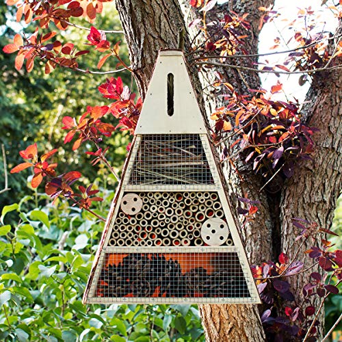 Navaris Hotel para Insectos Triangular de Madera - Observatorio de Insectos 28 x 8.5 x 40CM - Casa Natural Cubierta metálica y Gancho para bichos