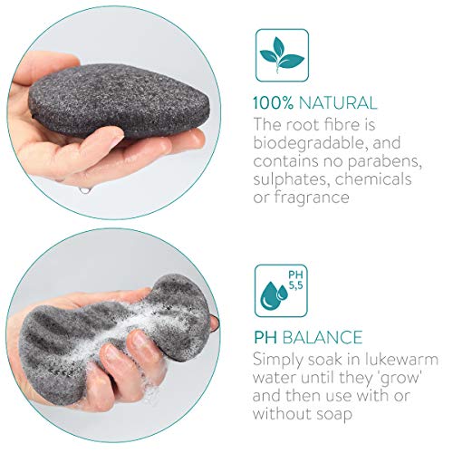 Navaris Set de 3x esponja exfoliante Konjac - Esponjas de limpieza facial para todo tipo de piel rostro cuerpo - 100% natural vegana - Negro carbón