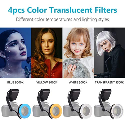 Neewer RF550D, 48 Macro LED Anillo Flash Bundle con Pantalla LCD,Control de Potencia,Anillos Adaptadores y Difusores Flash