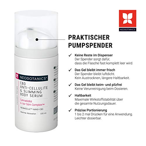 NEOBOTANICS® CBD Suero corporal anticelulítico y adelgazante, con los ingredientes activos cannabidiol, L-carnitina y cafeína. Tensa y fortalece el tejido conectivo. Aumenta la producción de colágeno.