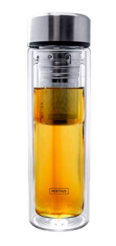 Nerthus FIH 664 664-Botella Filtro 350 ml, Aislante Gracias a su Doble Pared, Botella infusor, Termo, Taza de Viaje, Tetera, 0.35 litros, Cristal