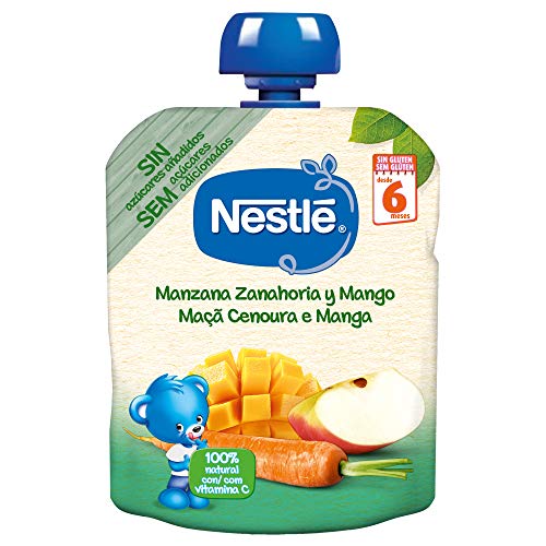 Nestlé Bolsita de puré de frutas, variedad Manzana Zanahoria y Mango - Para bebés a partir de 6 meses - Paquete de 16 bolsitasx90g