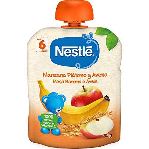 Nestlé Bolsita de puré de frutas y cereales, variedad Manzana Plátano y Avena - Para bebés a partir de 6 meses - Paquete de 16 bolsitasx90g