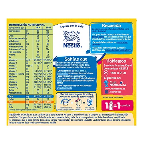 Nestlé Leche y Cereales galleta - Alimento Para bebés - Paquete de 6x2 unidades de 250ml