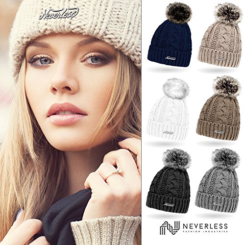 Neverless - Gorro de punto para mujer, forrado con pompón de piel sintética, gorro de invierno Crema de jule. Talla única