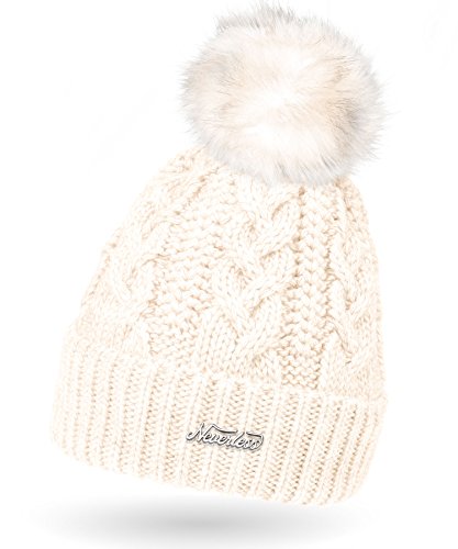 Neverless - Gorro de punto para mujer, forrado con pompón de piel sintética, gorro de invierno Crema de jule. Talla única