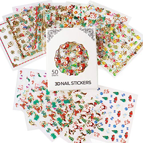 Nicedeco Navidad 50 Hojas ( Más de 1500pcs ) 3D Nail Art Stickers Calcomanías para Navidad y Año Nuevo Tema Nail Art Decoration