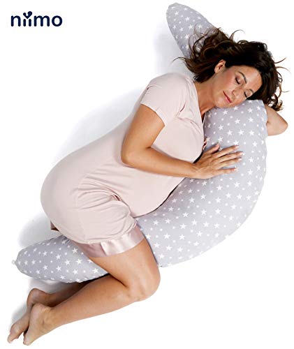 Niimo Cojin Lactancia Bebe y Almohada Embarazada Dormir XXL Multifuncion Funda Cojin 100% Algodon Desenfundable y Lavable Relleno de Poliester Multiusos Maternidad (Gris-Estrella Blanca)