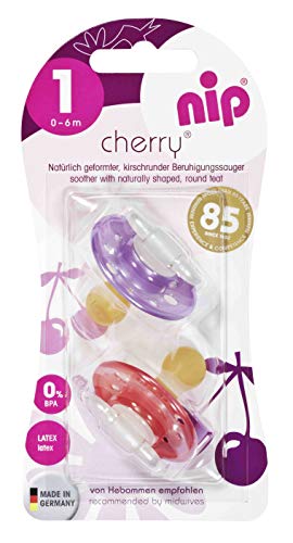 NIP pacifier Cherry cherry-shaped: BPA-free, size 1, 0-6 months, latex, pink/pink/red/orange earthy, 4 pieces