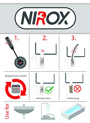 Nirox Desatascador de desagües 3m x 5mm - Desatascador espiral manual ideal para quitar el pelo de los desagües - Desatascador tuberias manivela con mango de madera giratorio