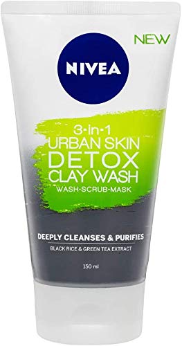 NIVEA 3 en 1 Urban Skin Detox Clay Wash, 150 ml, mascarilla desintoxicante para todo tipo de piel, lavado facial, máscara de arcilla natural con arroz negro y extracto de té verde.