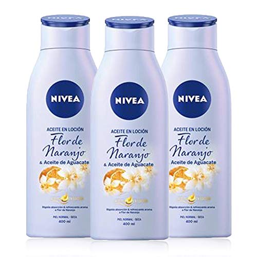 NIVEA Aceite en Loción Flor de Naranjo y Aceite de Aguacate en pack de 3 (3 x 400 ml), loción corporal de rápida absorción y fragancia afrutada, para piel seca y normal