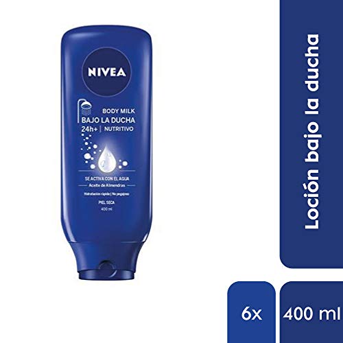 NIVEA Bajo la Ducha Body Milk Nutritivo en pack de 6 (6 x 400 ml), leche hidratante para la ducha, acondicionador de piel con aceite de almendras para piel seca