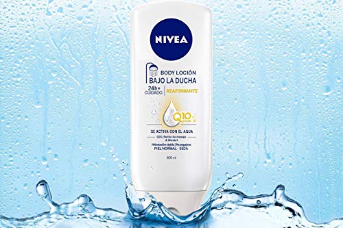 NIVEA Bajo la Ducha Loción Reafirmante Q10Plus (1 x 400 ml), loción corporal para la ducha, acondicionador de piel de rápida absorción para piel seca y normal