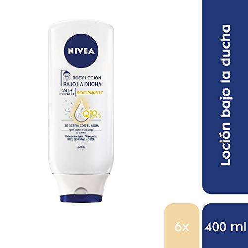 NIVEA Bajo la Ducha Loción Reafirmante Q10Plus en pack de 6 (6 x 400 ml), loción corporal para piel seca y normal, acondicionador de piel de rápida absorción