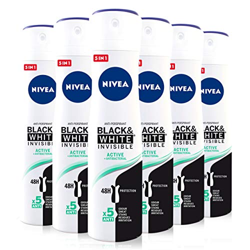 NIVEA Black & White Invisible Active Spray en pack de 6 (6 x 200 ml), desodorante antimanchas de cuidado femenino, desodorante invisible para proteger la piel y la ropa