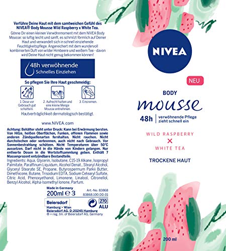 Nivea Cuerpo Mousse, frambuesa – Té Blanco, aroma para piel seca, dispensador, 3 Pack (3 x 100 ml)