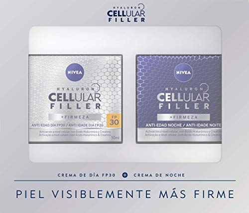 NIVEA Hyaluron Cellular Filler (2 x 50 ml), pack de cremas antiedad, set de regalo con crema de día FP30 y crema de noche, cremas reafirmantes con ácido hialurónico